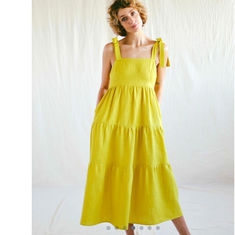 Linen Tiered Sundress Yellow Maxi Tie Straps Boutique Brand Off On Clothing